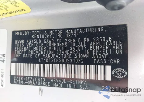 2011 Toyota Camry Base z USA, uszkodzony, nr VIN 4T1BF3EK5BU231972